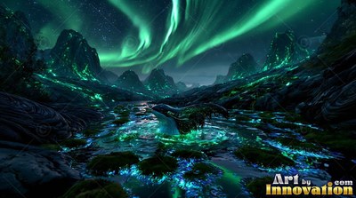 A whale-like creature rests in a shallow pool under bright green northern lights