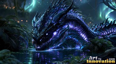 A dark blue horned sea serpent rests its head in calm water at night