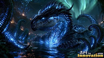 In a dark pond, a blue scaly sea serpent sits among curled tentacles