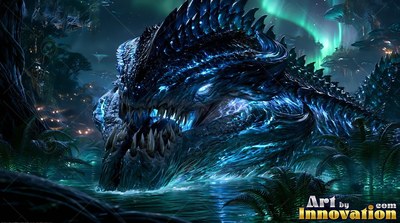 Crawling from dark water, a spiky blue sea monster bares its sharp teeth