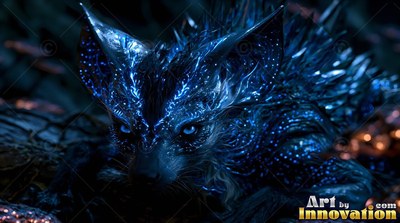 A horned fox rests on the dark ground under bright blue speckles of light