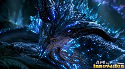 Lying close up in the dark, a horned blue dragon with sharp spikes grinning