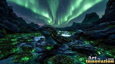 A green lizard rests in a dark stream under the northern lights