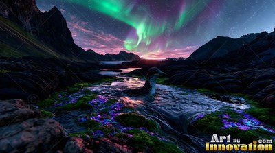 Under green northern lights, a swimming bird wades through a dark stream