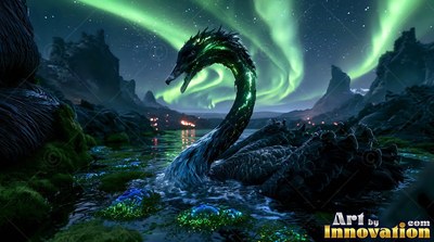 Swimming in dark water, a black swan arches its neck beneath green northern lights