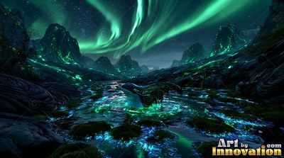 A whale in green water under the northern lights