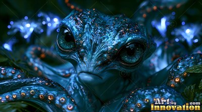 Large blue-green eyes look out from a blue alien creature sitting in dark foliage with blue lights