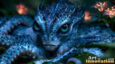 A blue octopus creature rests on dark leaves with warm points of light behind it
