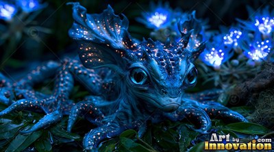 Crouching low on dark leaves, a blue creature with tentacles sits by bright flowers