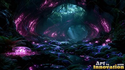 In a dark tunnel of curved roots, purple mushrooms shine along a creek