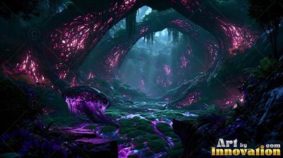 Arching over a dark trail, tangled tree roots shine with purple light in a forest