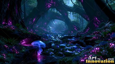 A blue jellyfish floats in a dark forest filled with purple light