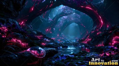 Bright pink moss covers curved dark tree trunks along a shallow creek in a cave tunnel
