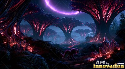 Canopy trees stand in a dark forest beneath bright purple light in the sky