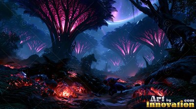 Hunched low in a night forest, a creature walks past fan trees