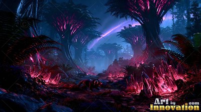 In a dark forest lit in pink and blue, a horned beast walks among crystal plants