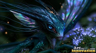 Small teal creature with iridescent wings resting in dark plants