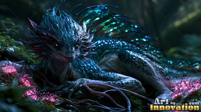 Spiky teal scales cover a dragon resting on a dark forest floor beside pink moss