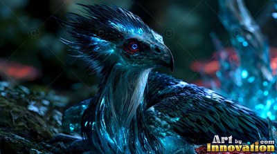In a dark forest, a bird with bright blue feathers and a red eye rests