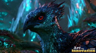 Staring ahead, a dark feathered bird with red eyes rests in a blue night forest