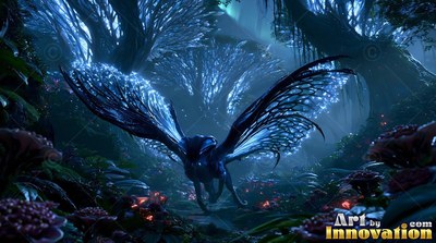 Winged blue beast running through a dark alien forest