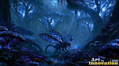 Four patterned wings spread from a four-legged beast walking in a dark blue forest