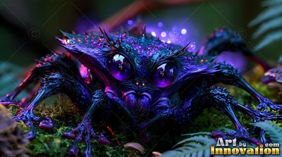 A shiny purple spider with giant round eyes rests on damp green moss