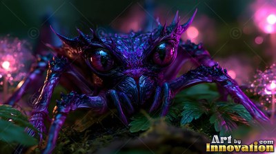 Crouching on green moss, a purple alien spider stares ahead with big dark eyes