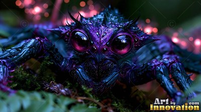 A spiky purple spider with large shiny eyes crawls on green moss