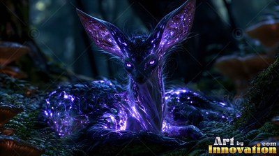 A horned deer rests on dark moss with bright purple light shining across its body