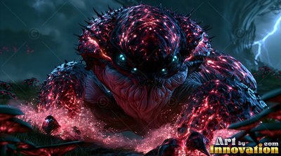 Crawling low, a spiky red beast with four blue eyes creeps across dark moss