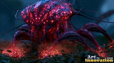 Spider creature with bright red lights crawls in dark moss