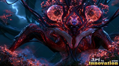 Huge red insect eyes stare ahead on a horned creature crouching in dark blue fog