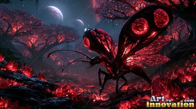 Standing on thin legs in a red forest, an insect creature spreads its wings