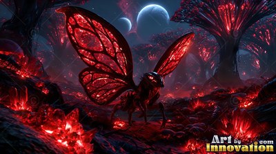 A red butterfly insect stands in a dark forest under twin moons