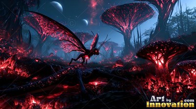 In a dark red forest at night, a winged insect walks under twin moons