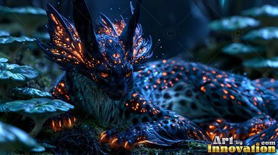 Dark spotted cat with bright orange markings lying by mushrooms