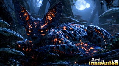 Bright orange spots cover a horned wild cat resting in a dark forest under twin moons