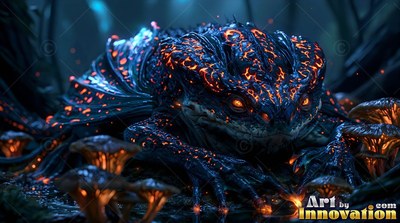 A horned toad crouches among mushrooms, lit with bright orange cracks on dark skin