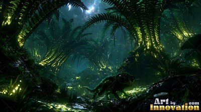 Crawling low on the ground, a small dark creature creeps through green fern trees