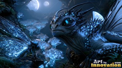 A winged reptile sits by an insect under two pale moons