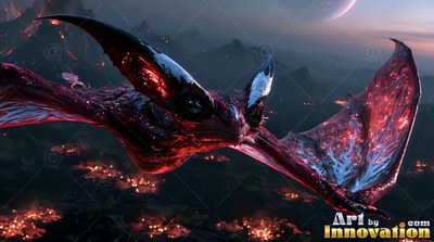 Over a dark volcanic landscape, a red winged creature glides forward