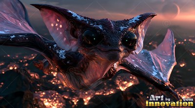 Gliding over dark volcanic ground, a winged creature spreads purple fins