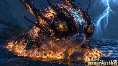 Large golden eyes shine from a horned creature resting in dark water under blue lightning