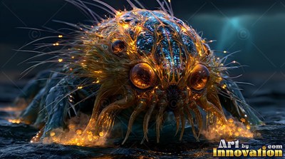 A hairy alien beetle crawls on dark sand with bright orange sparks on its shell