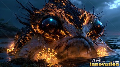 Crouched in shallow water, a horned creature with large dark eyes sits under night clouds