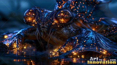 A dark blue creature with bright orange eyes crouches in the shallow water