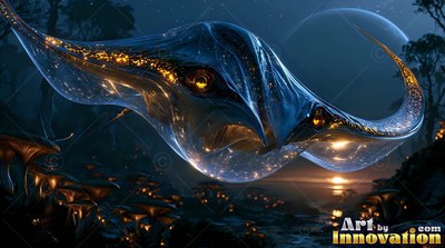 In a dark night landscape, a translucent stingray glides over small mushrooms
