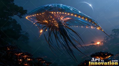 Floating over dark alien hills, a blue jellyfish creature shines with orange lights