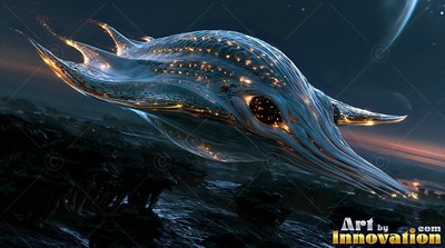 A blue manta ray creature flying over dark rocks at night